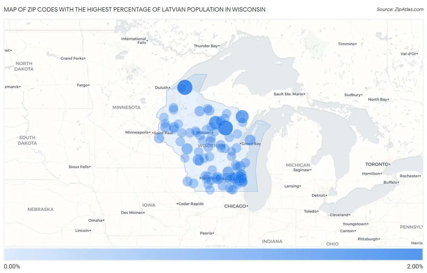 Zip Codes with the Highest Percentage of Latvian Population in Wisconsin Map