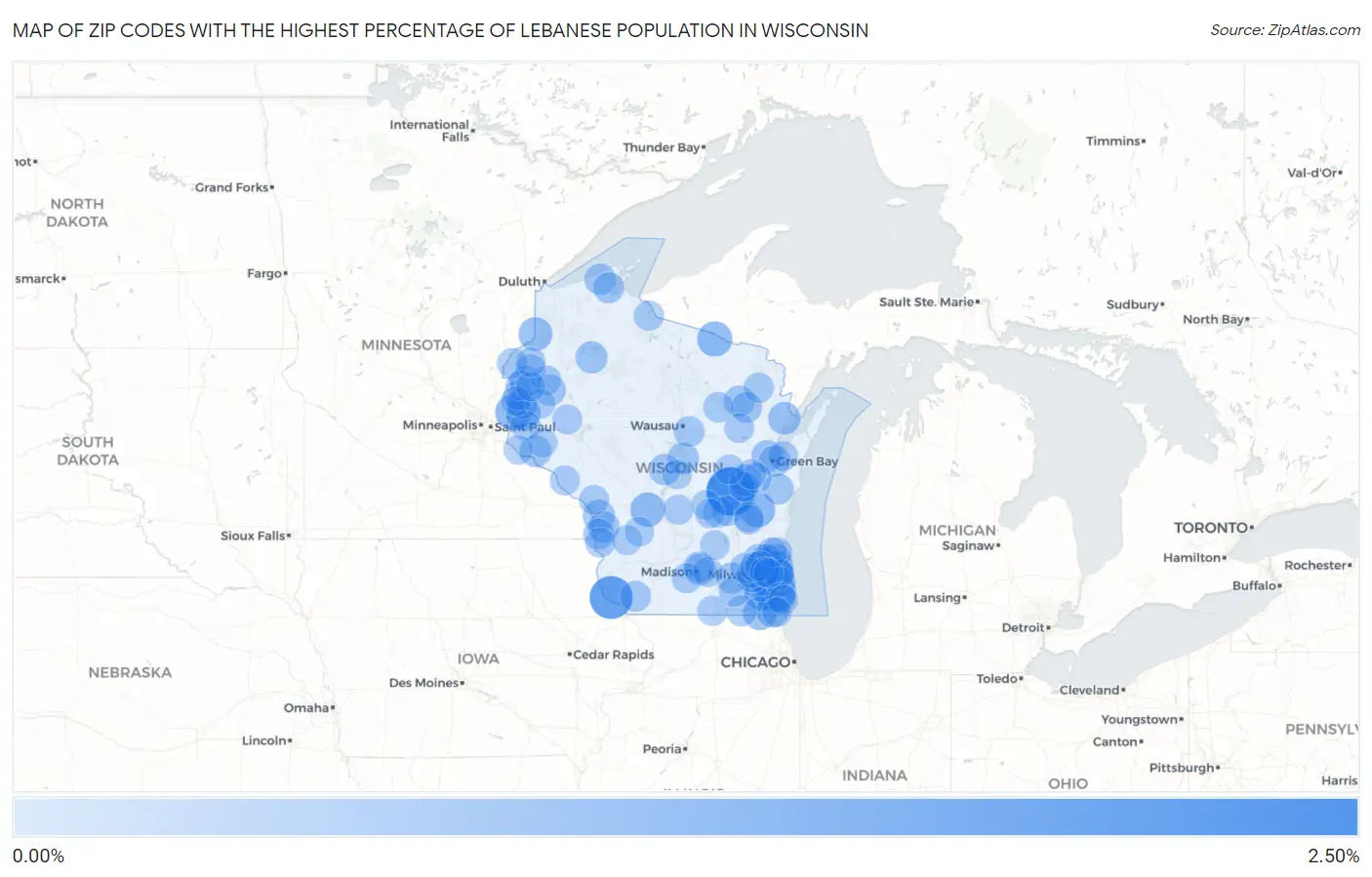 Zip Codes with the Highest Percentage of Lebanese Population in Wisconsin Map