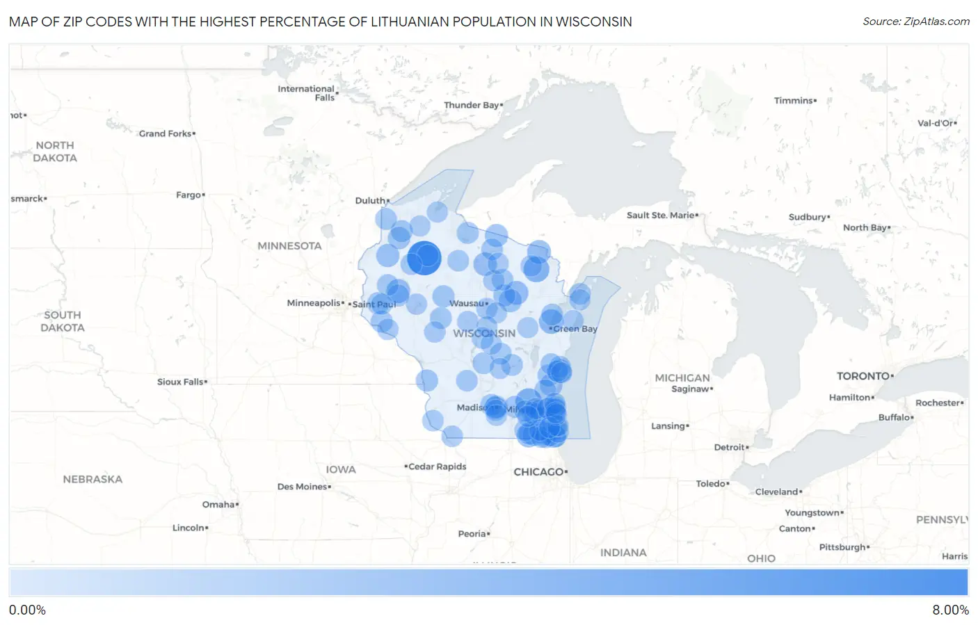 Zip Codes with the Highest Percentage of Lithuanian Population in Wisconsin Map
