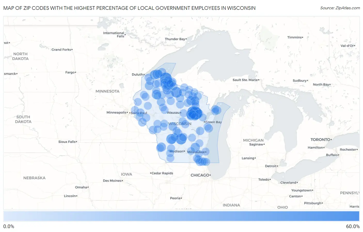 Zip Codes with the Highest Percentage of Local Government Employees in Wisconsin Map