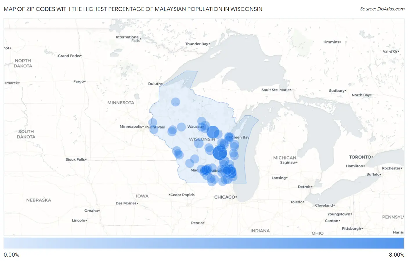 Zip Codes with the Highest Percentage of Malaysian Population in Wisconsin Map