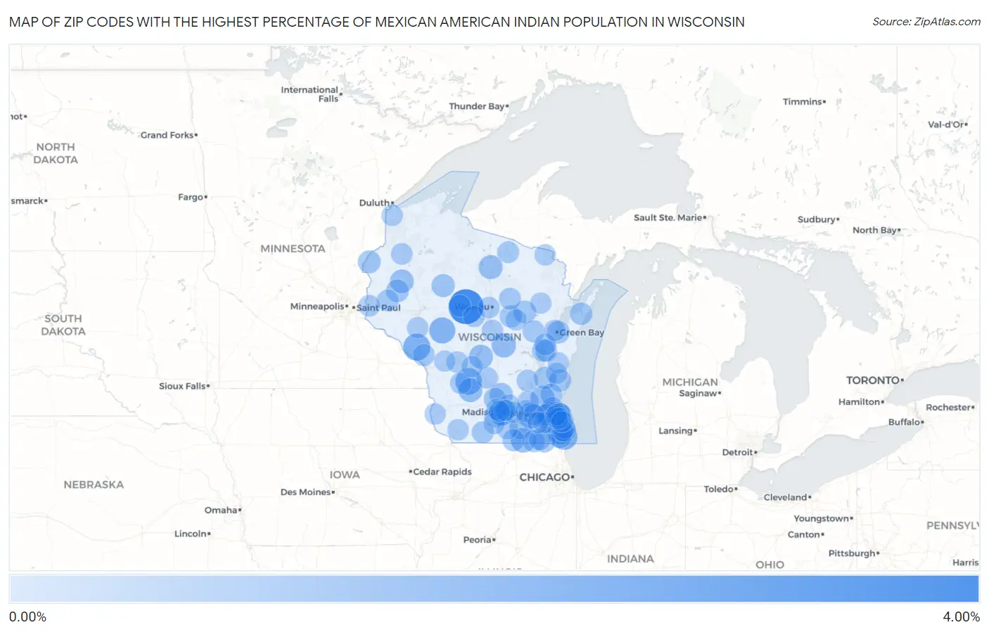 Zip Codes with the Highest Percentage of Mexican American Indian Population in Wisconsin Map