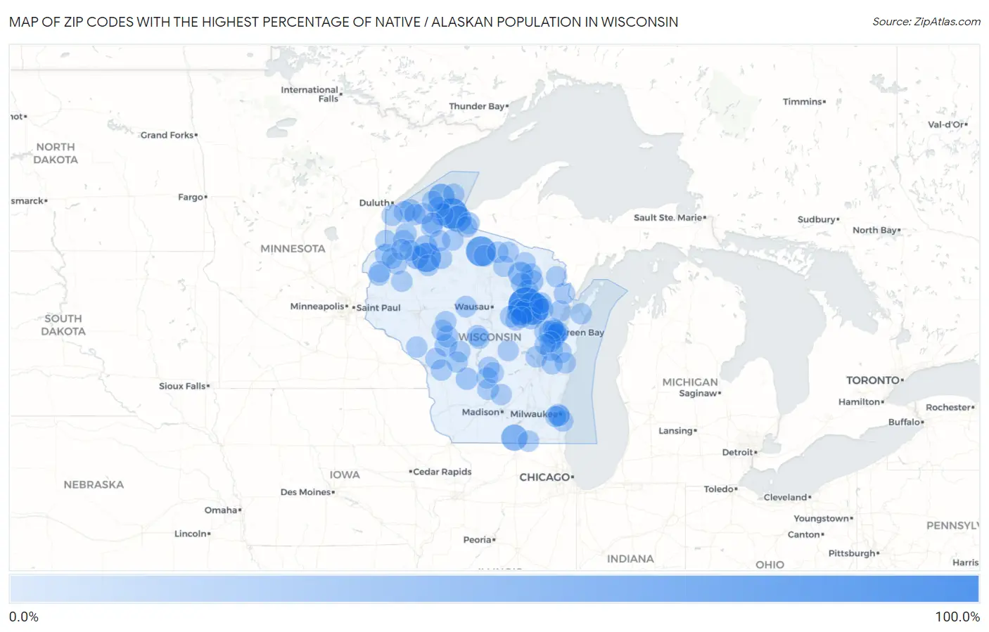 Zip Codes with the Highest Percentage of Native / Alaskan Population in Wisconsin Map