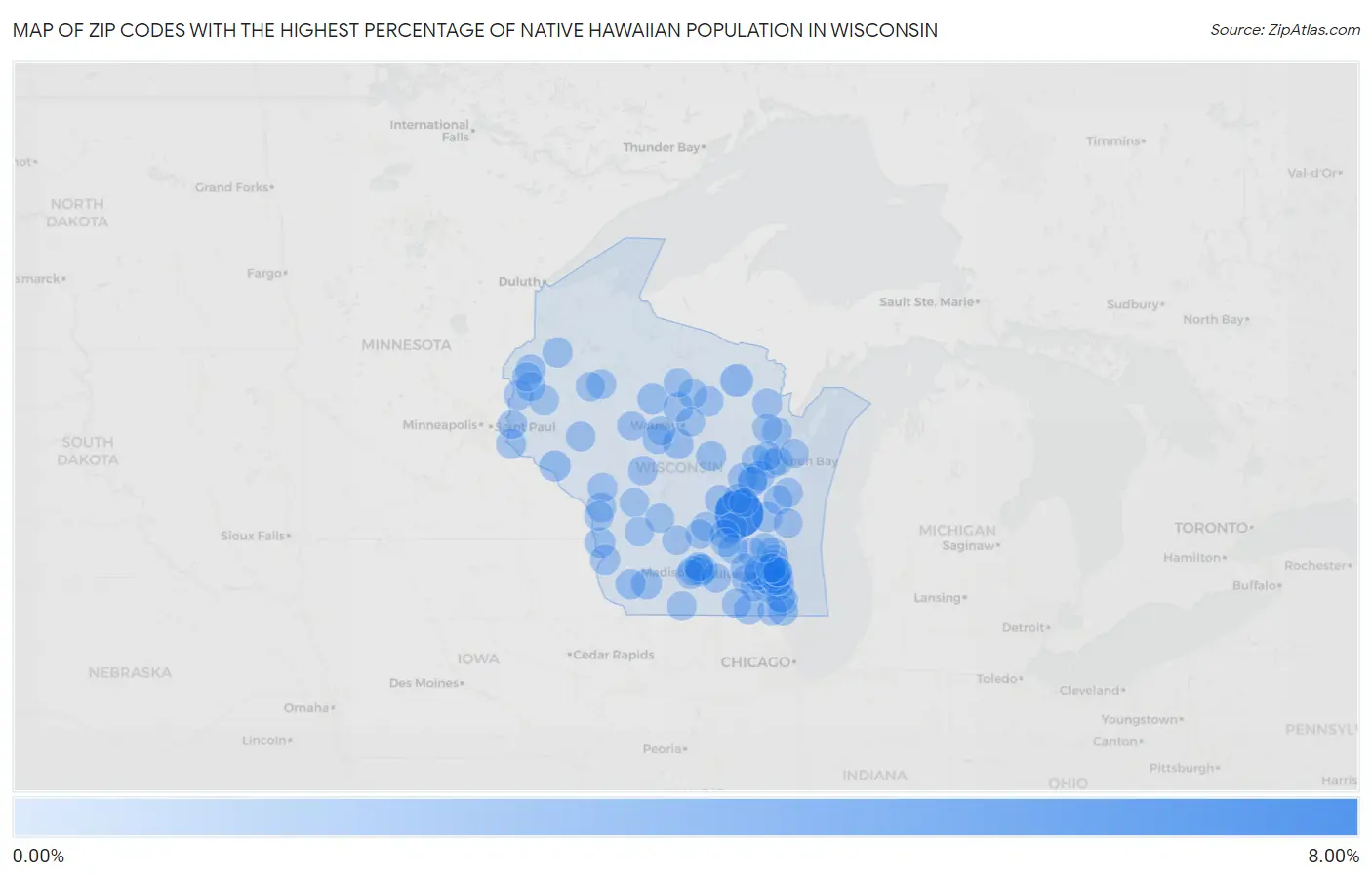 Zip Codes with the Highest Percentage of Native Hawaiian Population in Wisconsin Map