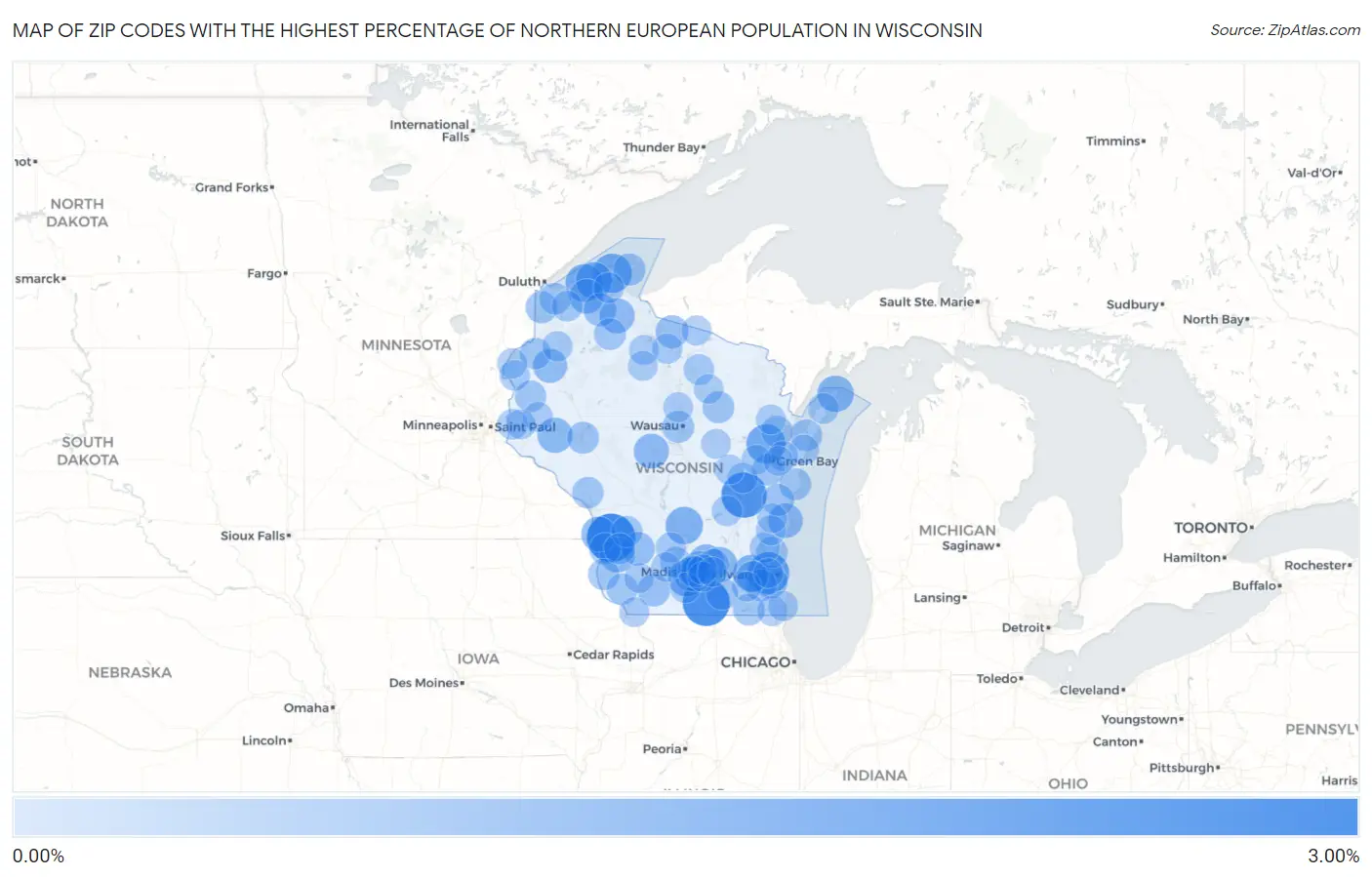 Zip Codes with the Highest Percentage of Northern European Population in Wisconsin Map