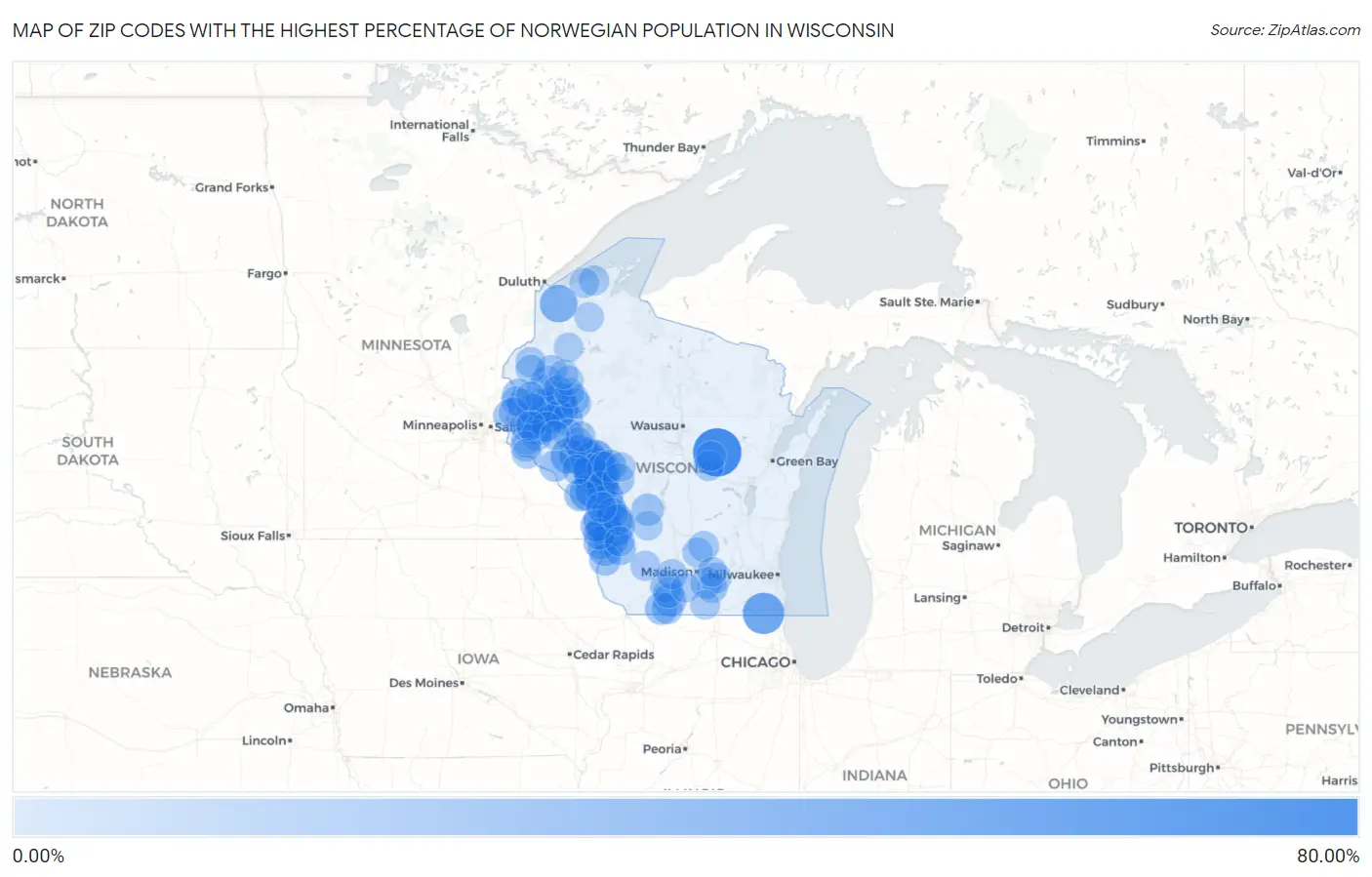 Zip Codes with the Highest Percentage of Norwegian Population in Wisconsin Map