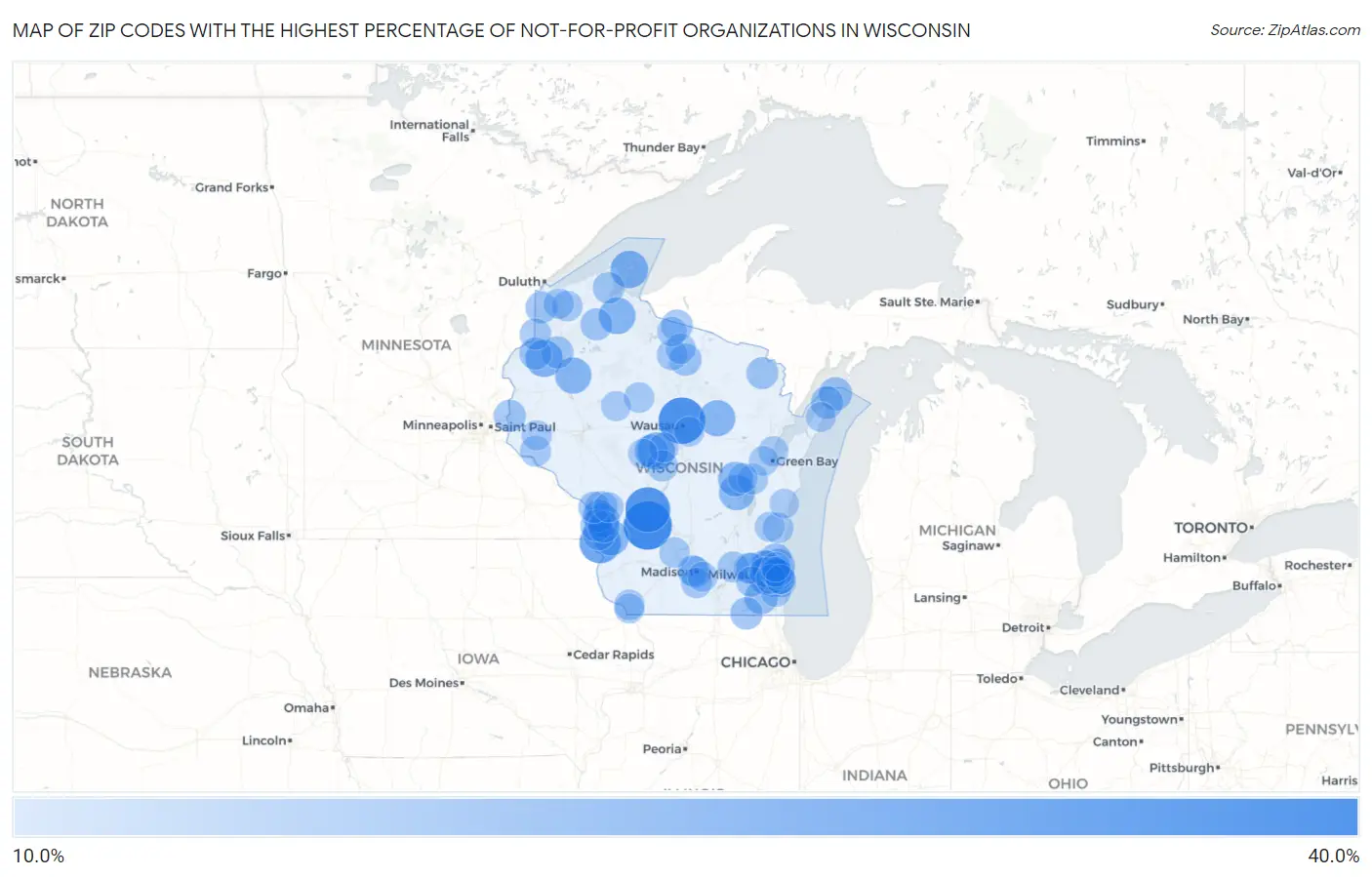 Zip Codes with the Highest Percentage of Not-for-profit Organizations in Wisconsin Map