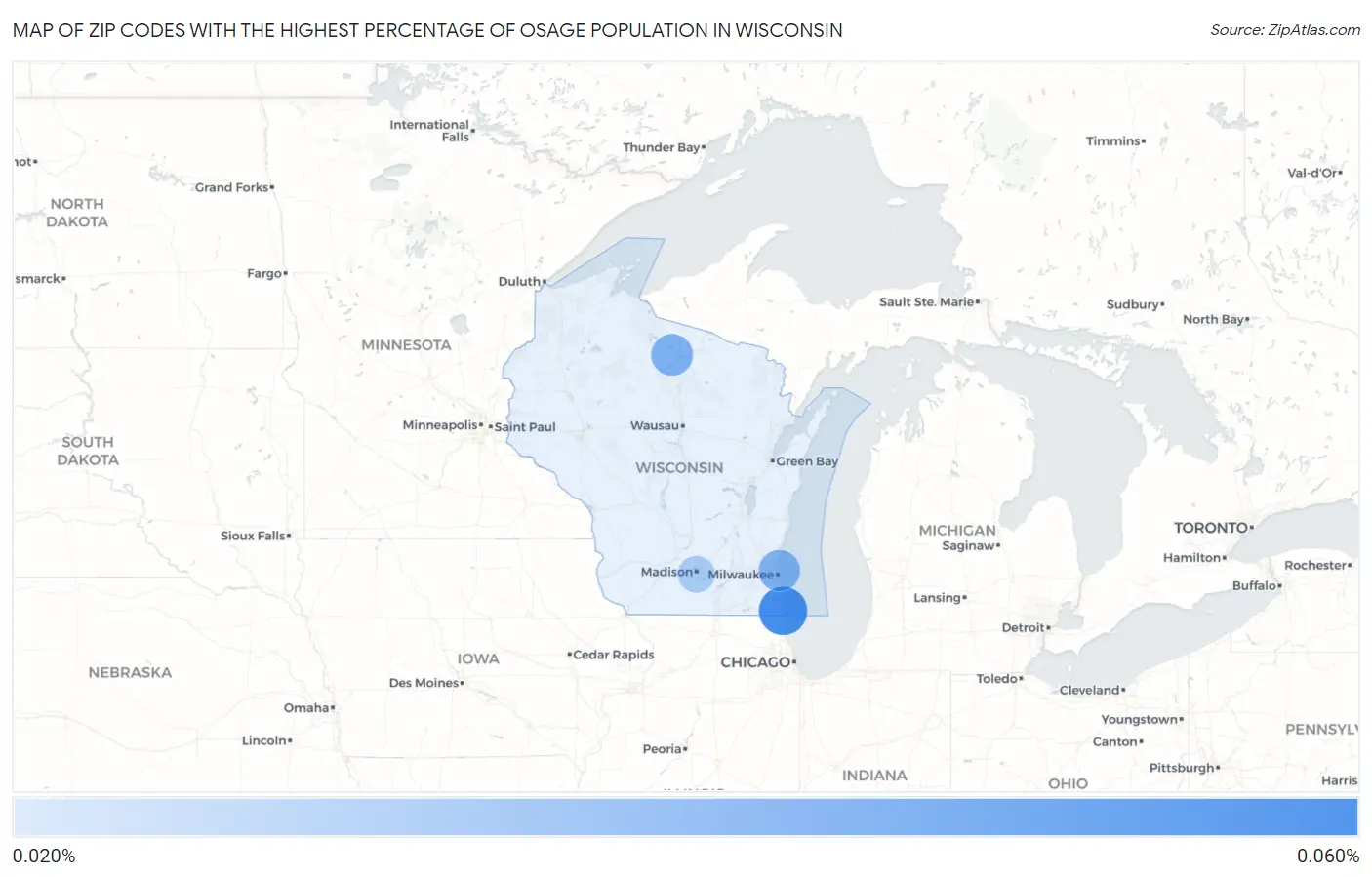 Zip Codes with the Highest Percentage of Osage Population in Wisconsin Map