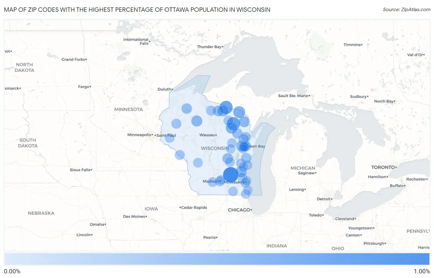 Zip Codes with the Highest Percentage of Ottawa Population in Wisconsin Map