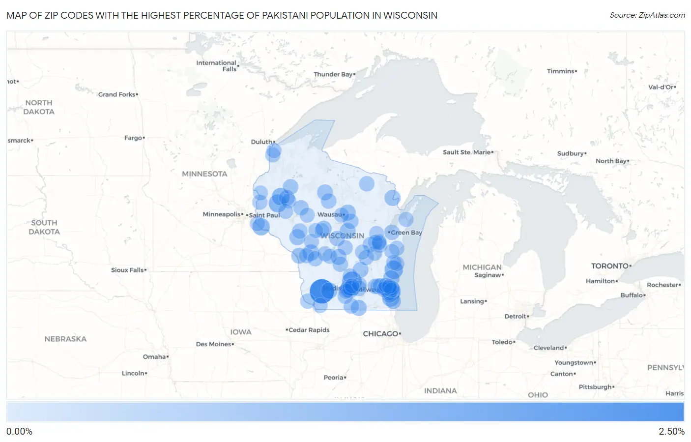 Zip Codes with the Highest Percentage of Pakistani Population in Wisconsin Map