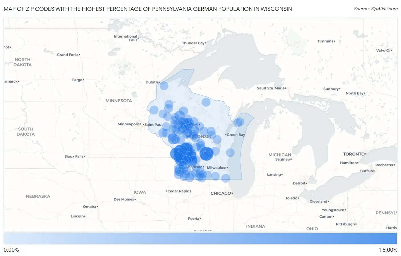 Zip Codes with the Highest Percentage of Pennsylvania German Population in Wisconsin Map