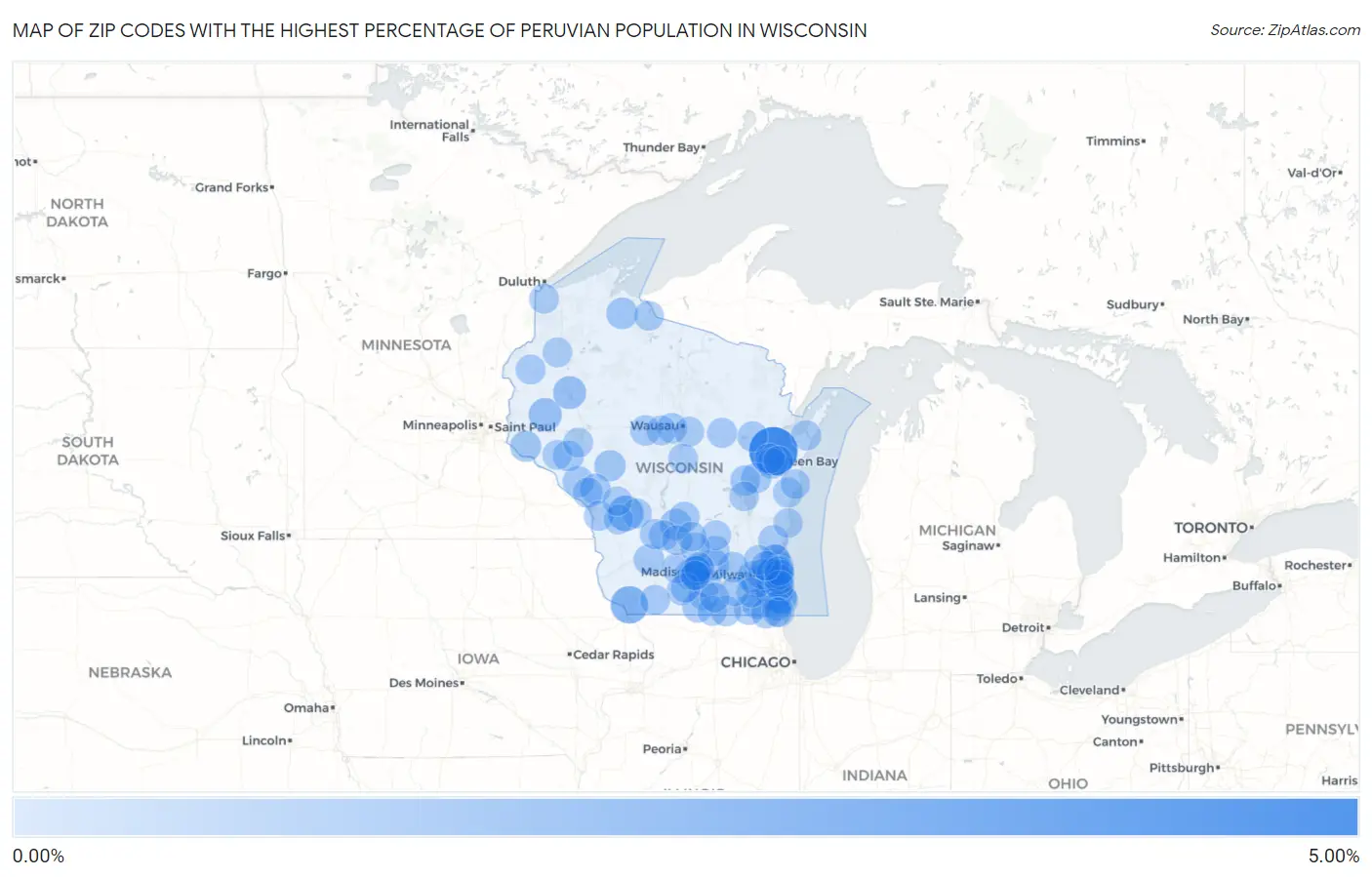 Zip Codes with the Highest Percentage of Peruvian Population in Wisconsin Map