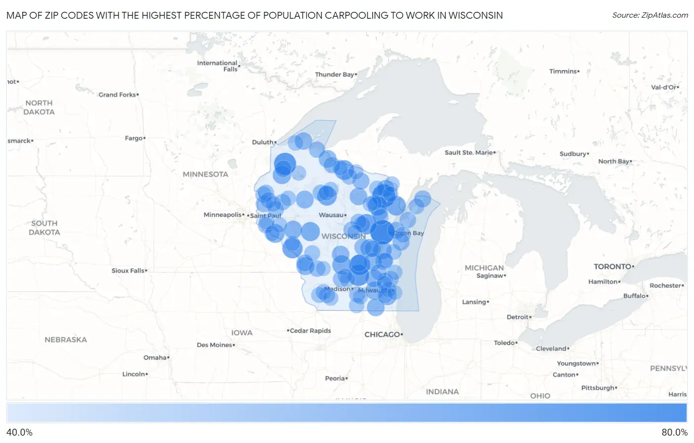 Zip Codes with the Highest Percentage of Population Carpooling to Work in Wisconsin Map