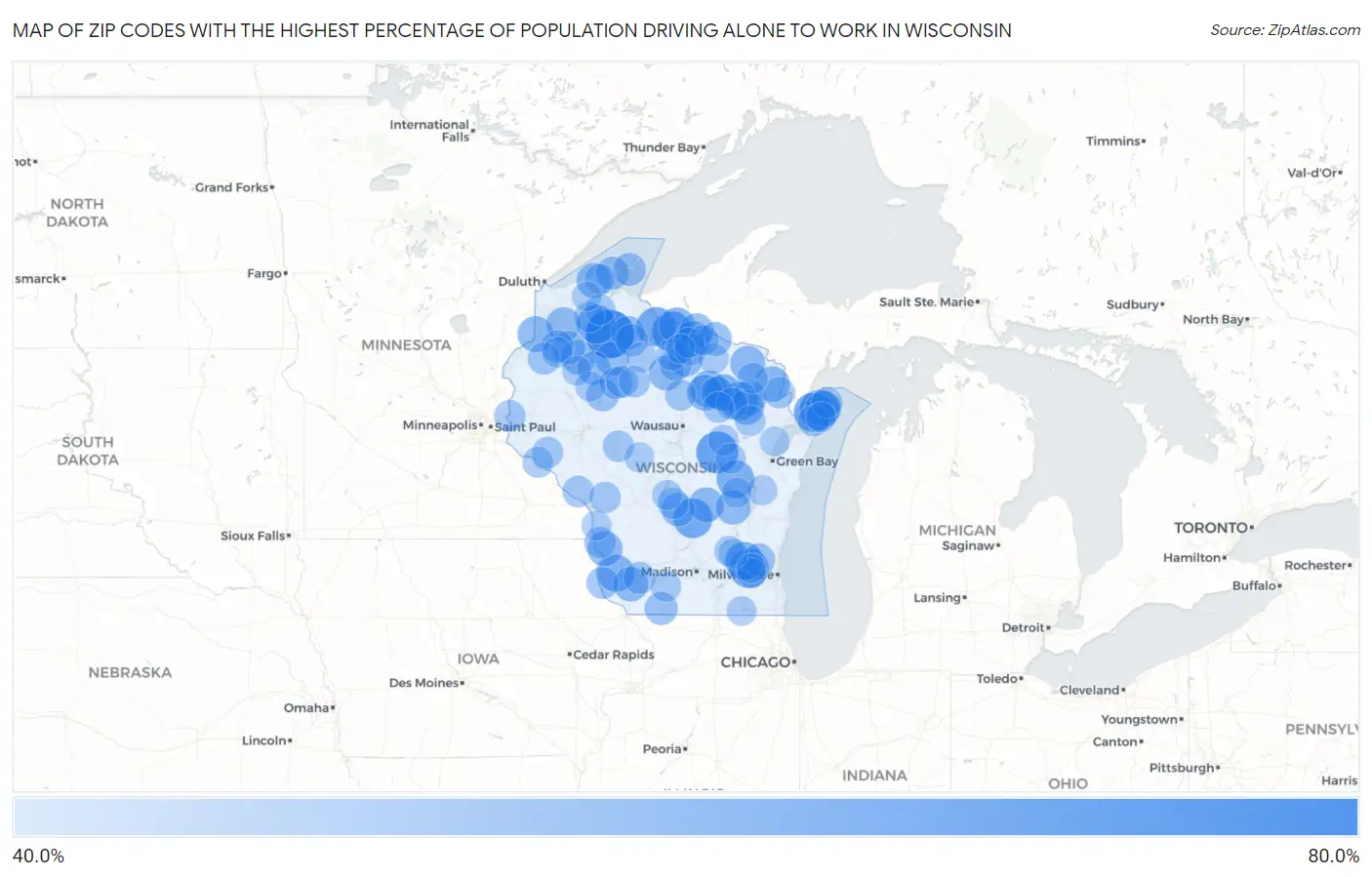 Zip Codes with the Highest Percentage of Population Driving Alone to Work in Wisconsin Map
