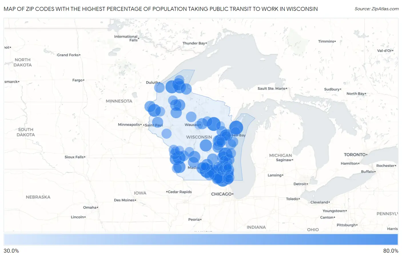 Zip Codes with the Highest Percentage of Population Taking Public Transit to Work in Wisconsin Map