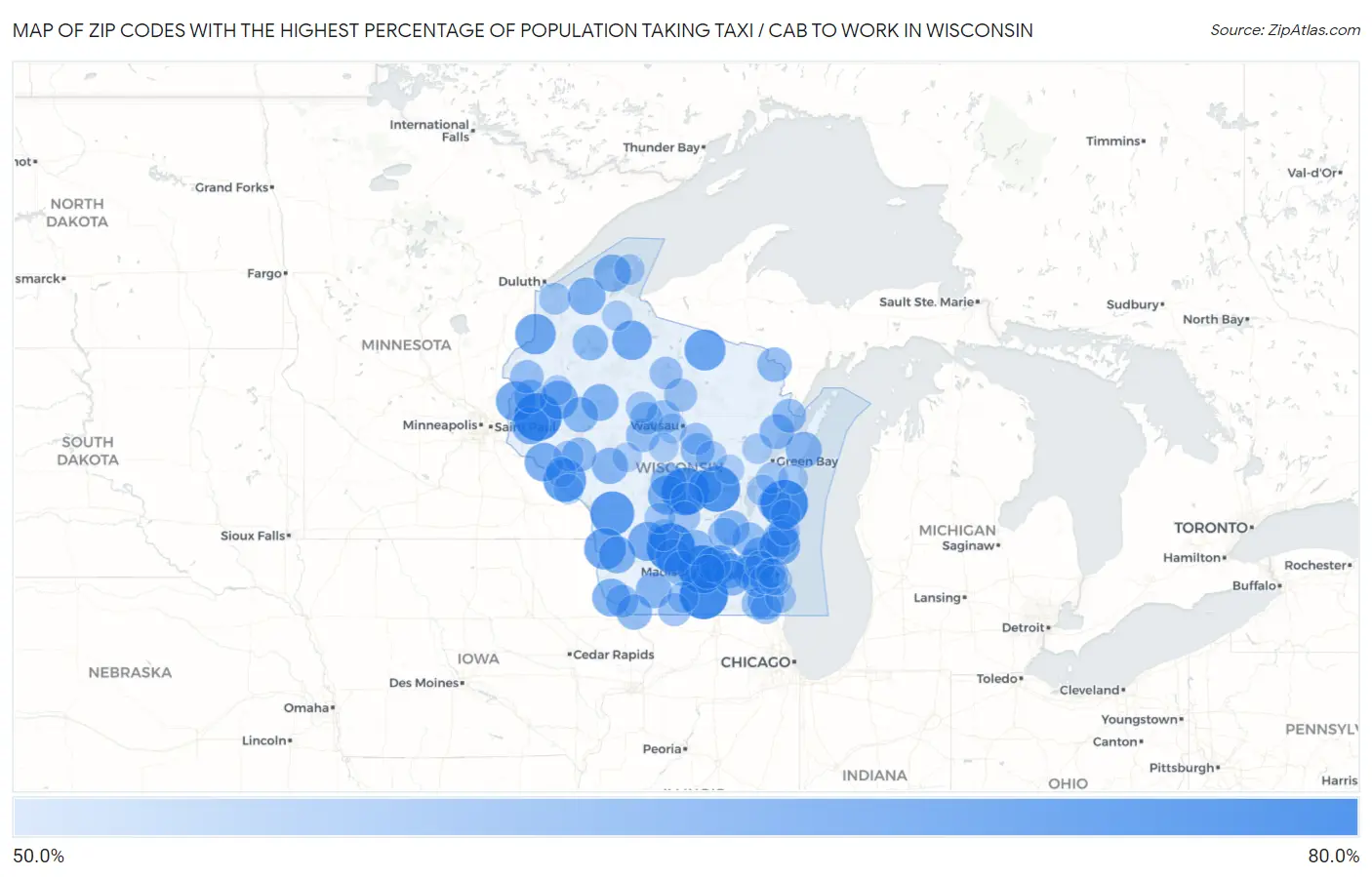 Zip Codes with the Highest Percentage of Population Taking Taxi / Cab to Work in Wisconsin Map