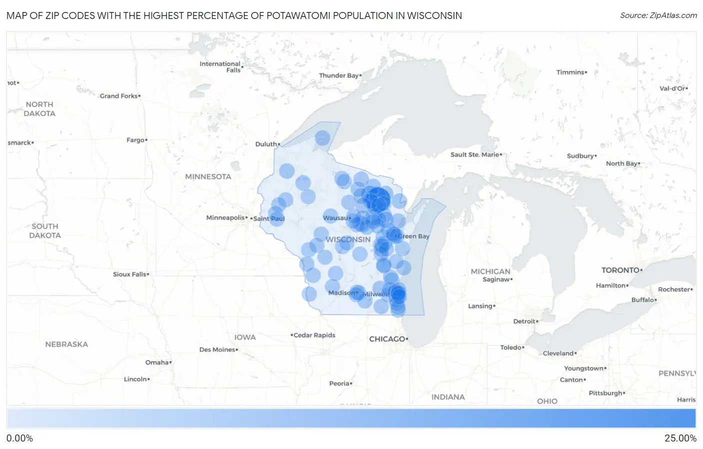 Zip Codes with the Highest Percentage of Potawatomi Population in Wisconsin Map