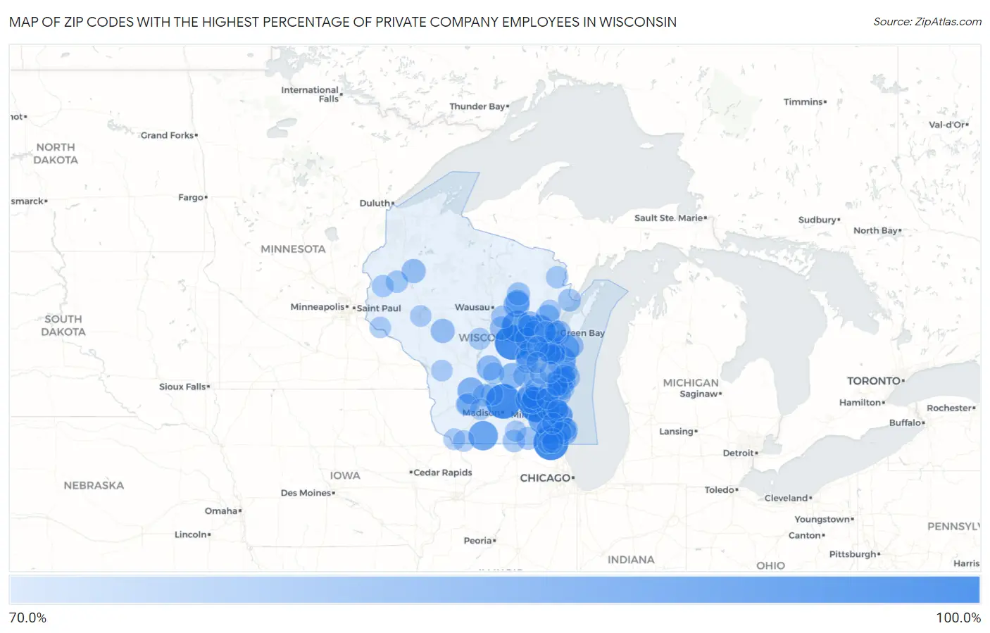 Zip Codes with the Highest Percentage of Private Company Employees in Wisconsin Map