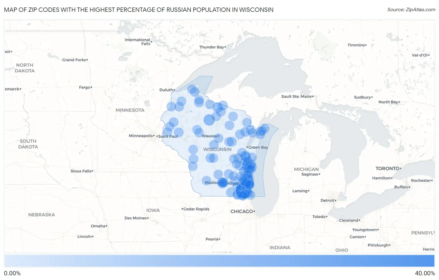 Zip Codes with the Highest Percentage of Russian Population in Wisconsin Map