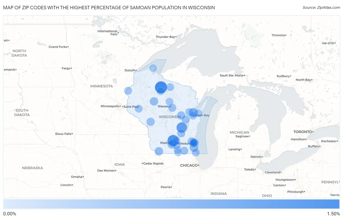 Zip Codes with the Highest Percentage of Samoan Population in Wisconsin Map