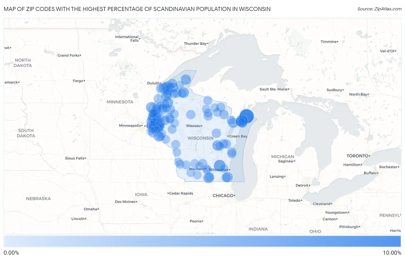 Zip Codes with the Highest Percentage of Scandinavian Population in Wisconsin Map
