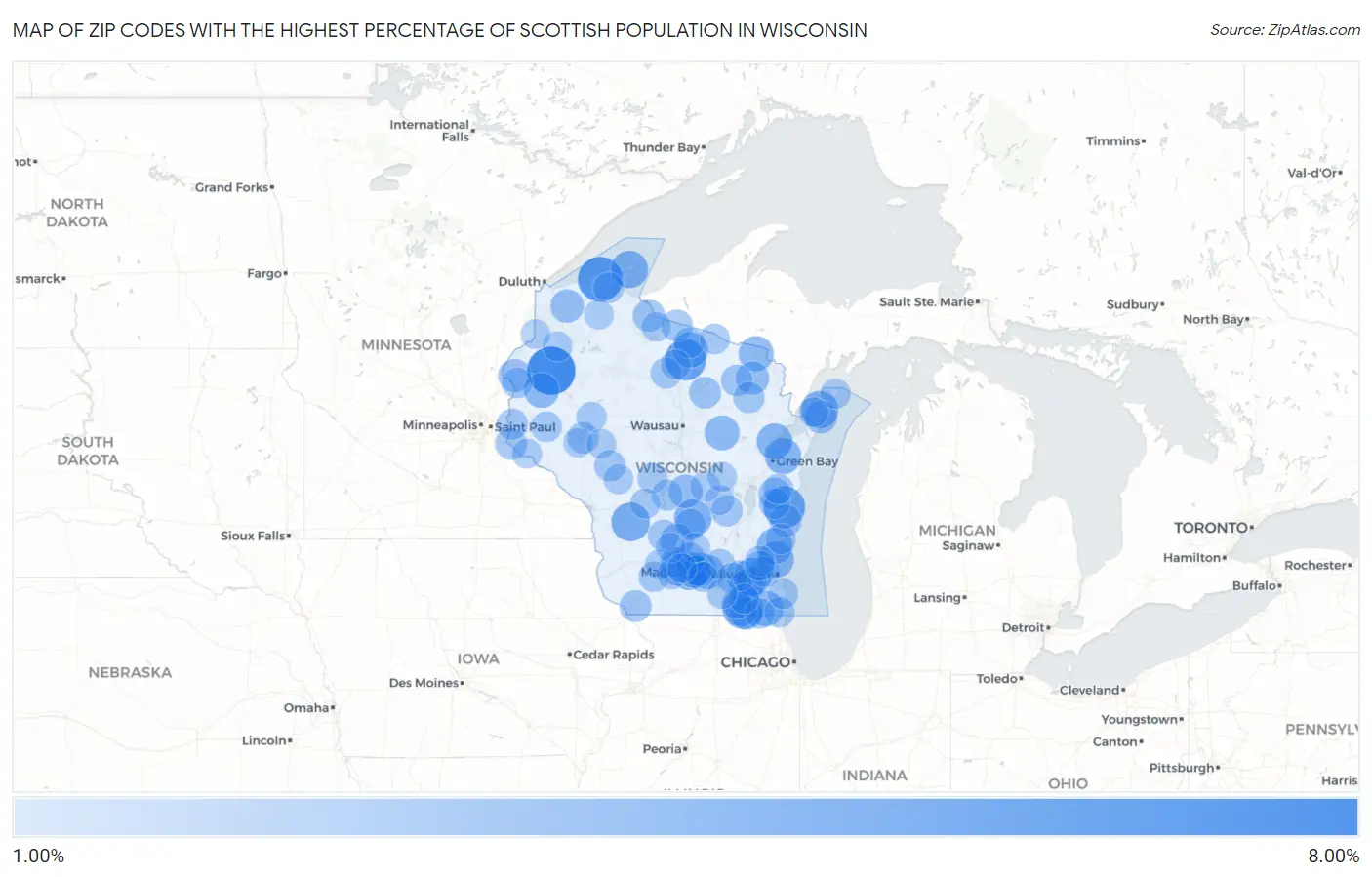 Zip Codes with the Highest Percentage of Scottish Population in Wisconsin Map