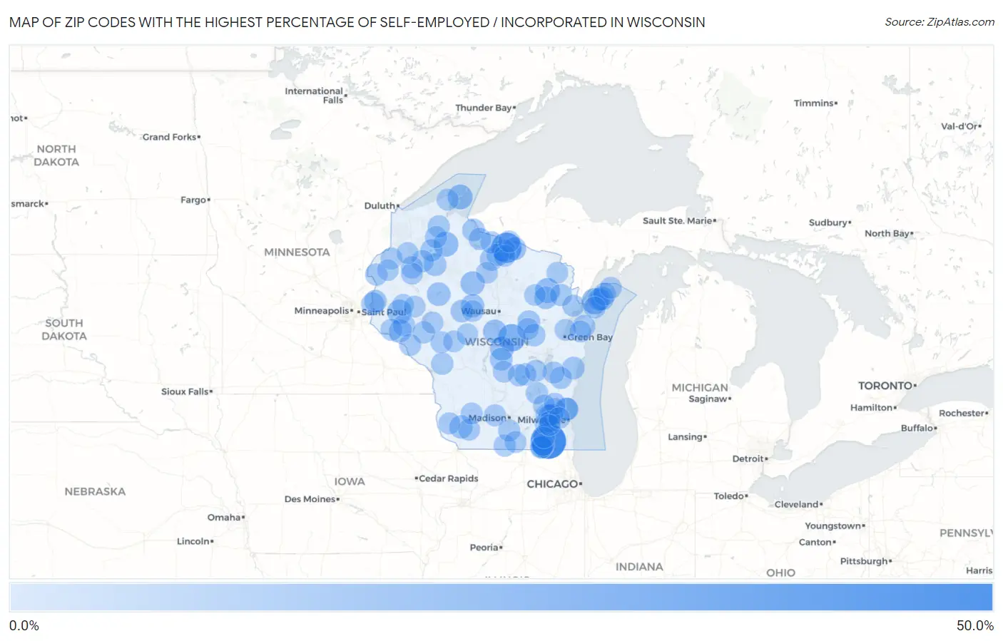 Zip Codes with the Highest Percentage of Self-Employed / Incorporated in Wisconsin Map