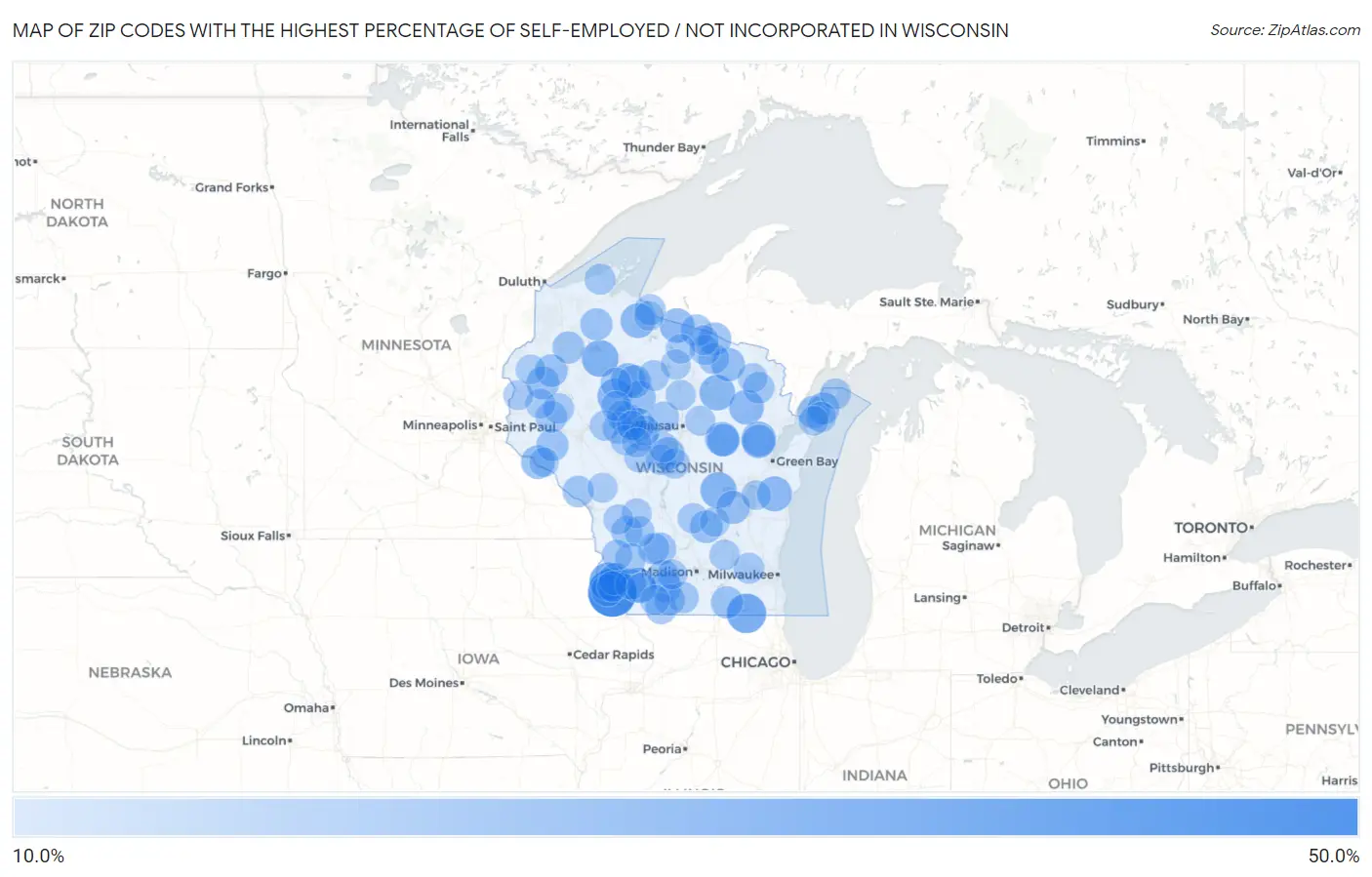 Zip Codes with the Highest Percentage of Self-Employed / Not Incorporated in Wisconsin Map