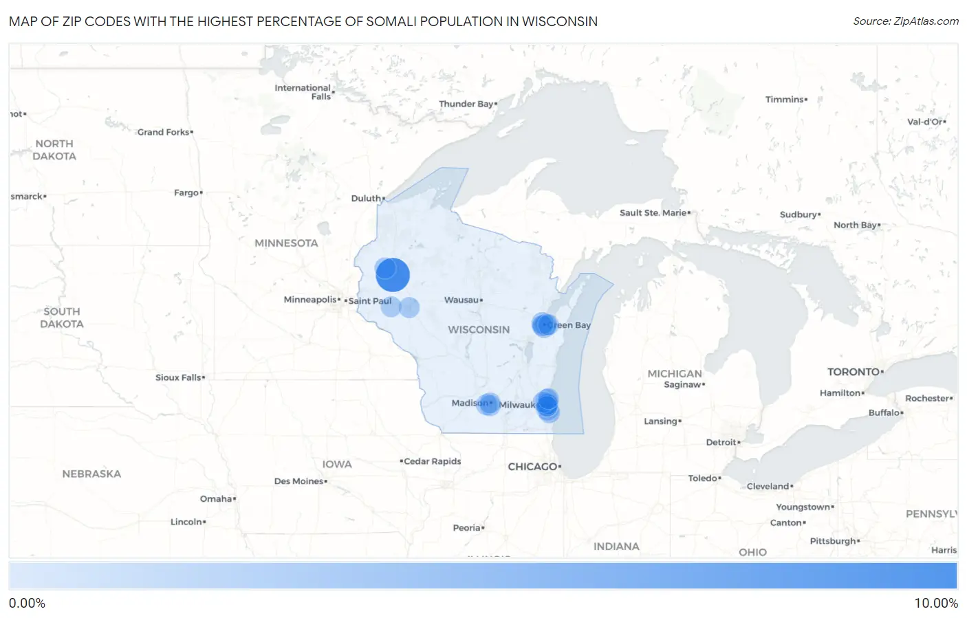 Zip Codes with the Highest Percentage of Somali Population in Wisconsin Map