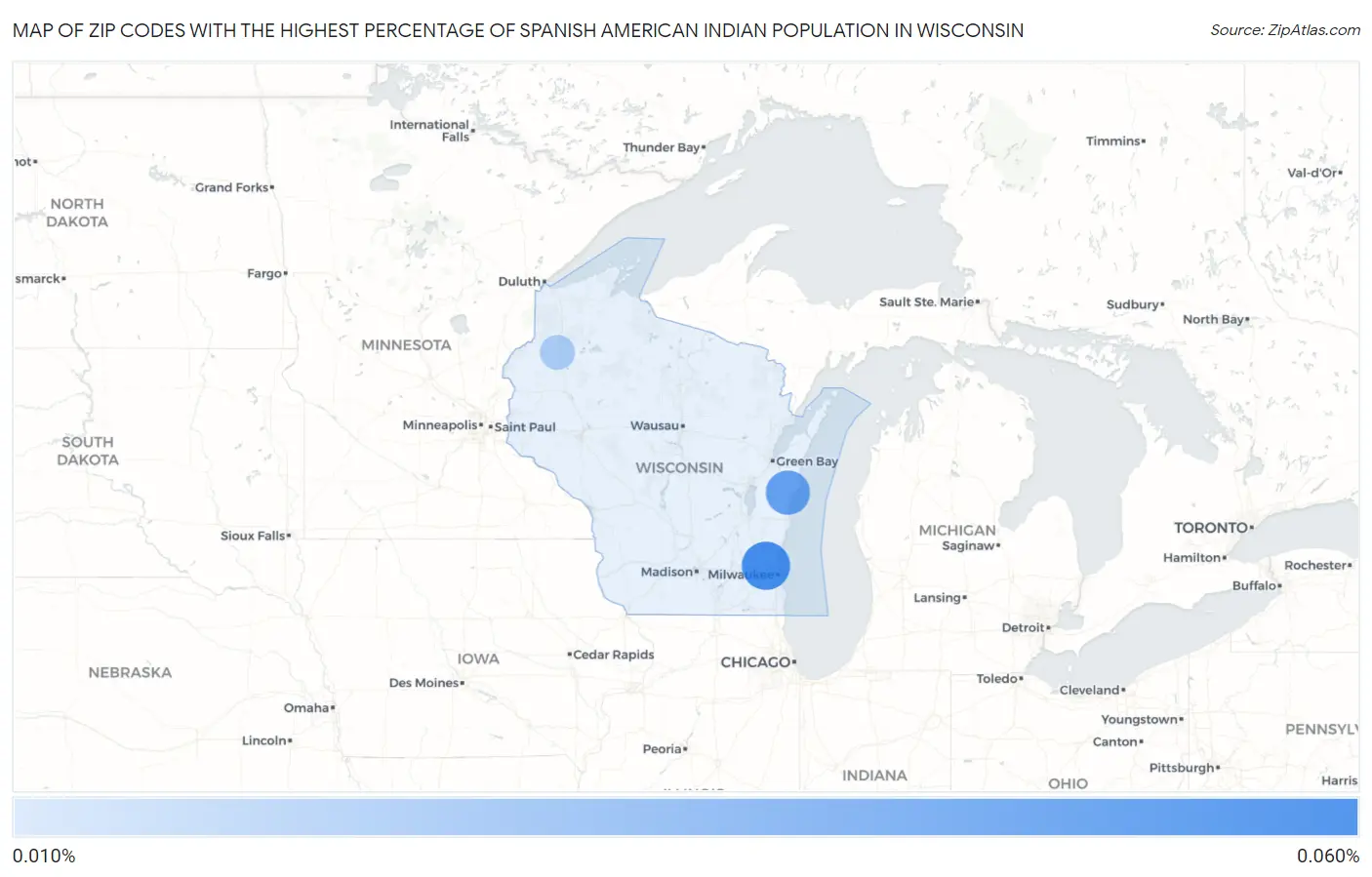 Zip Codes with the Highest Percentage of Spanish American Indian Population in Wisconsin Map