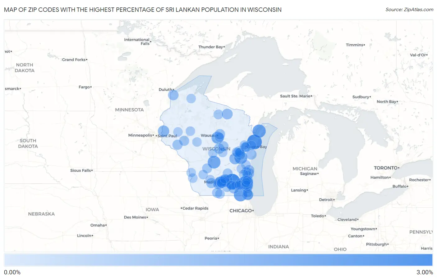 Zip Codes with the Highest Percentage of Sri Lankan Population in Wisconsin Map