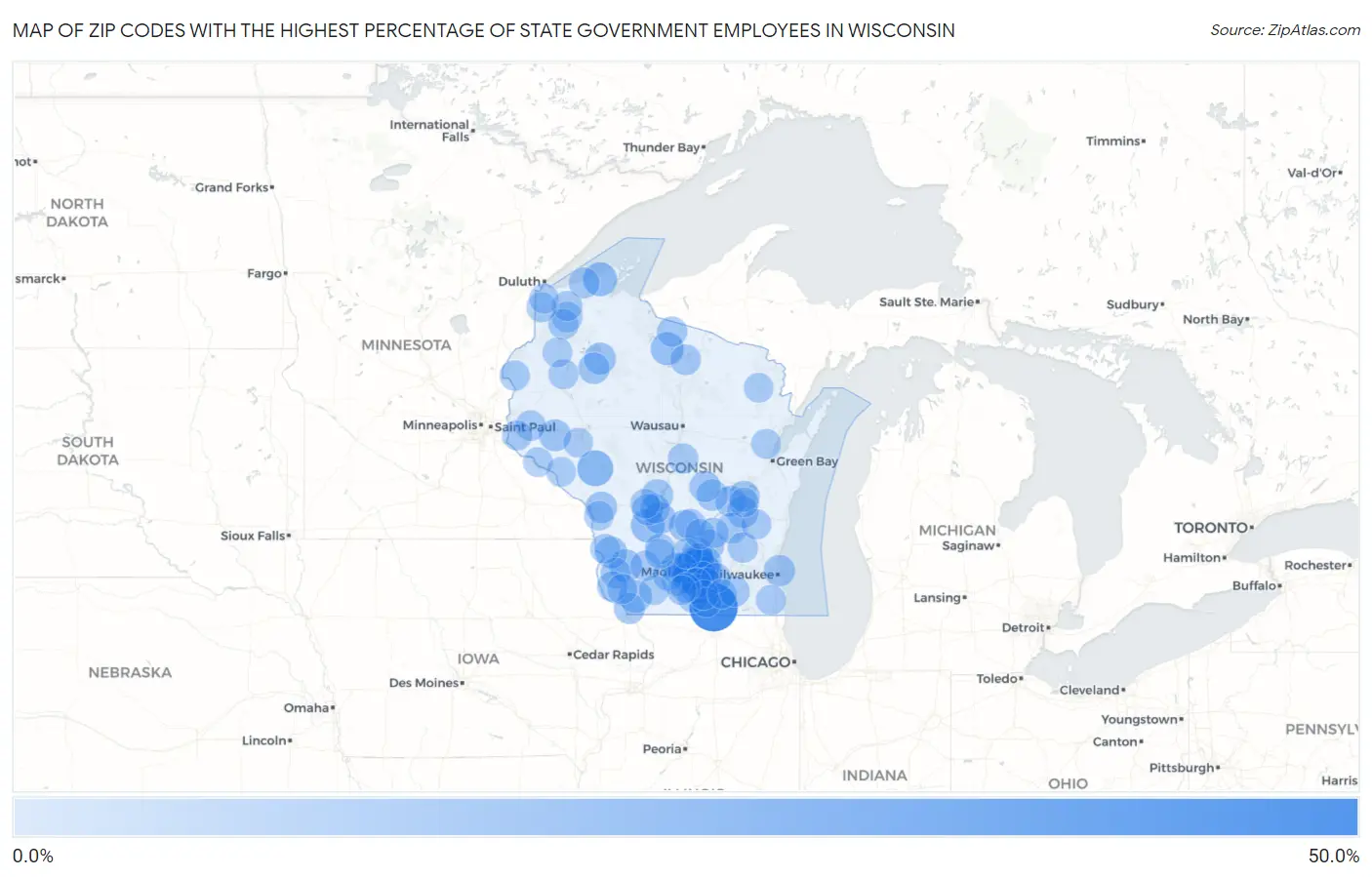 Zip Codes with the Highest Percentage of State Government Employees in Wisconsin Map