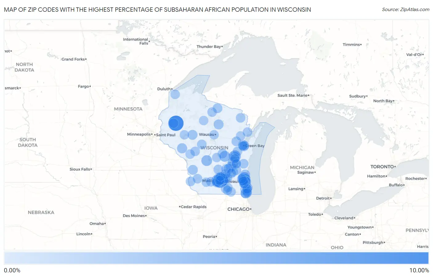 Zip Codes with the Highest Percentage of Subsaharan African Population in Wisconsin Map