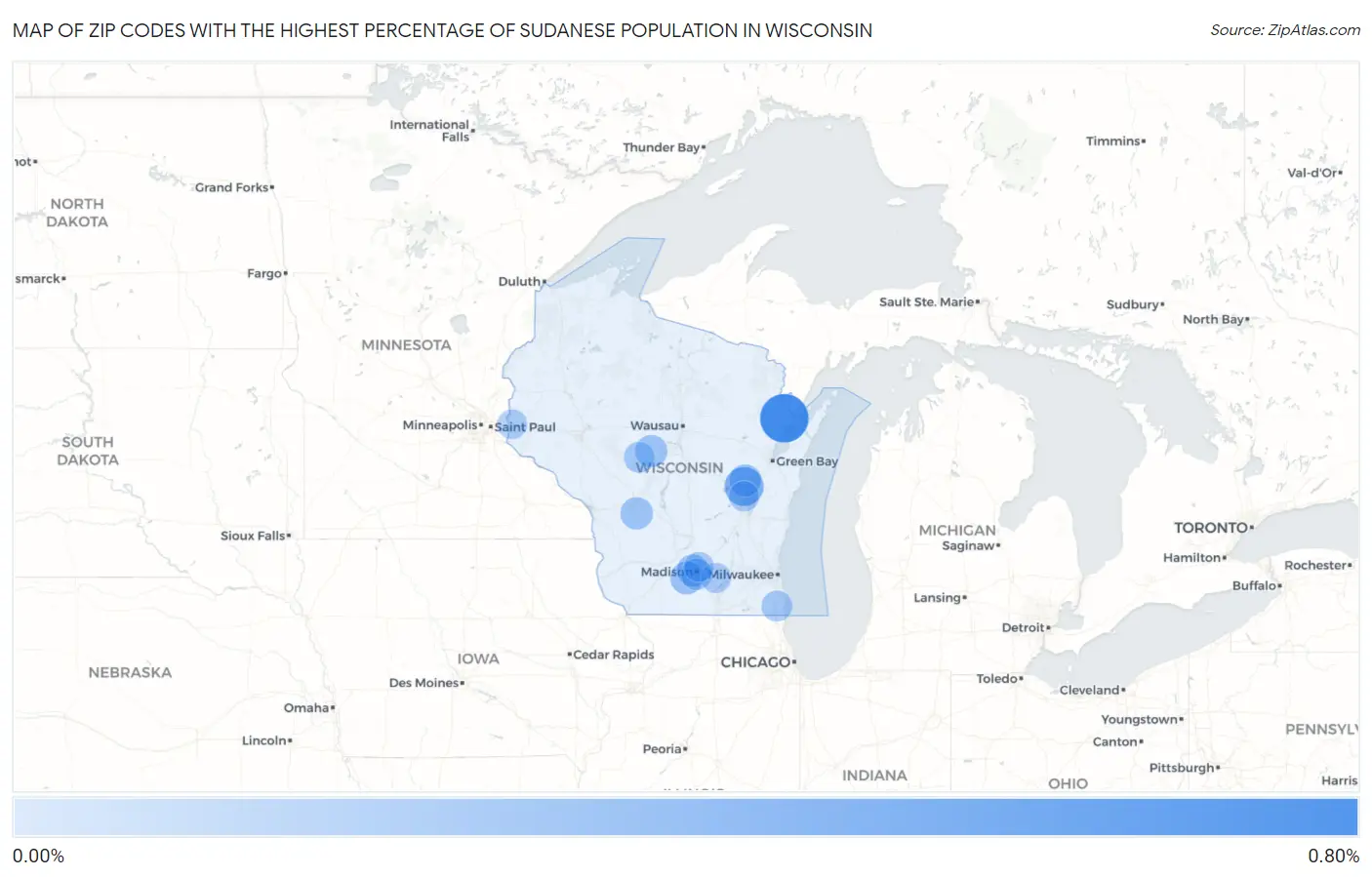 Zip Codes with the Highest Percentage of Sudanese Population in Wisconsin Map