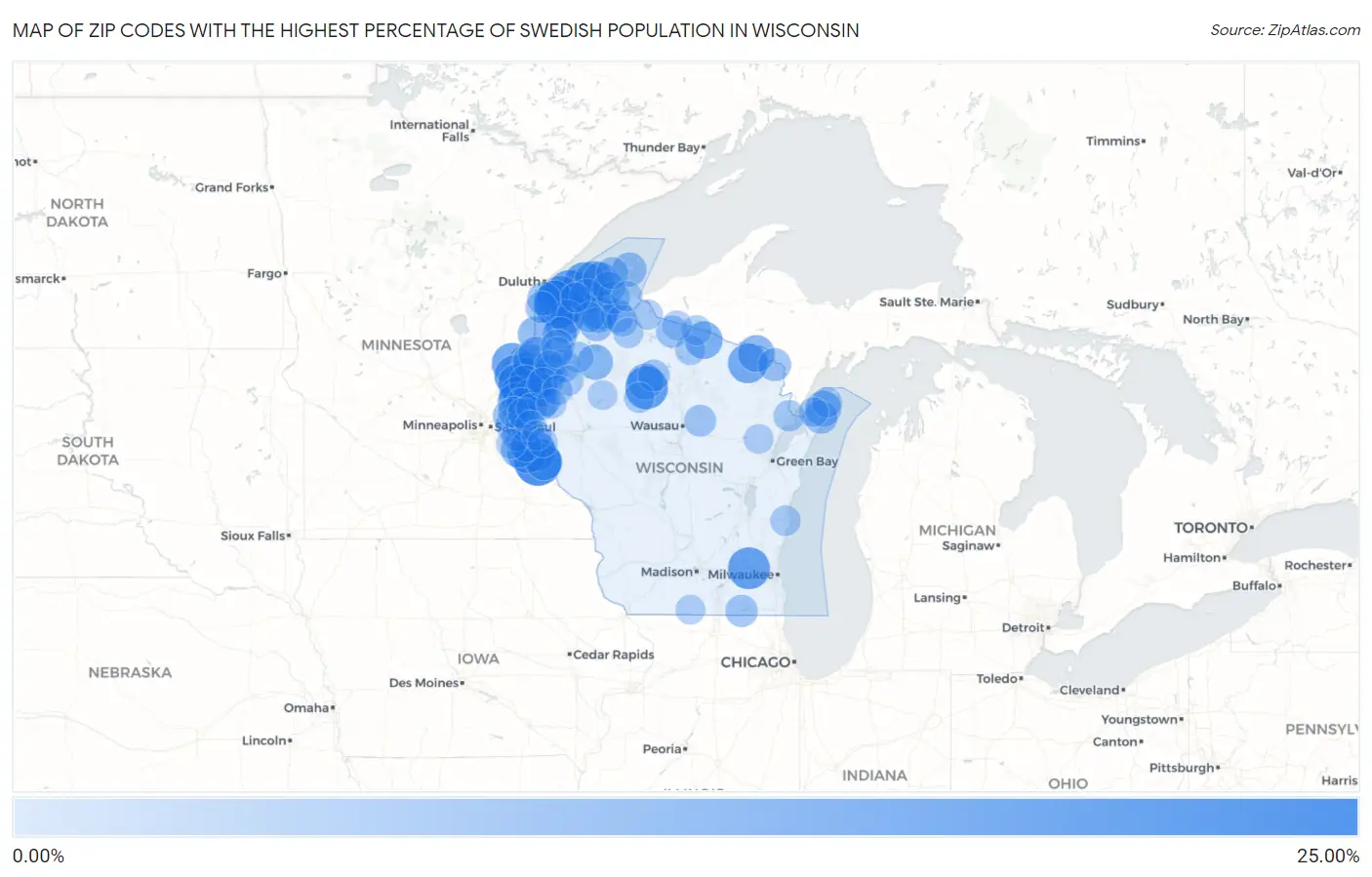 Zip Codes with the Highest Percentage of Swedish Population in Wisconsin Map