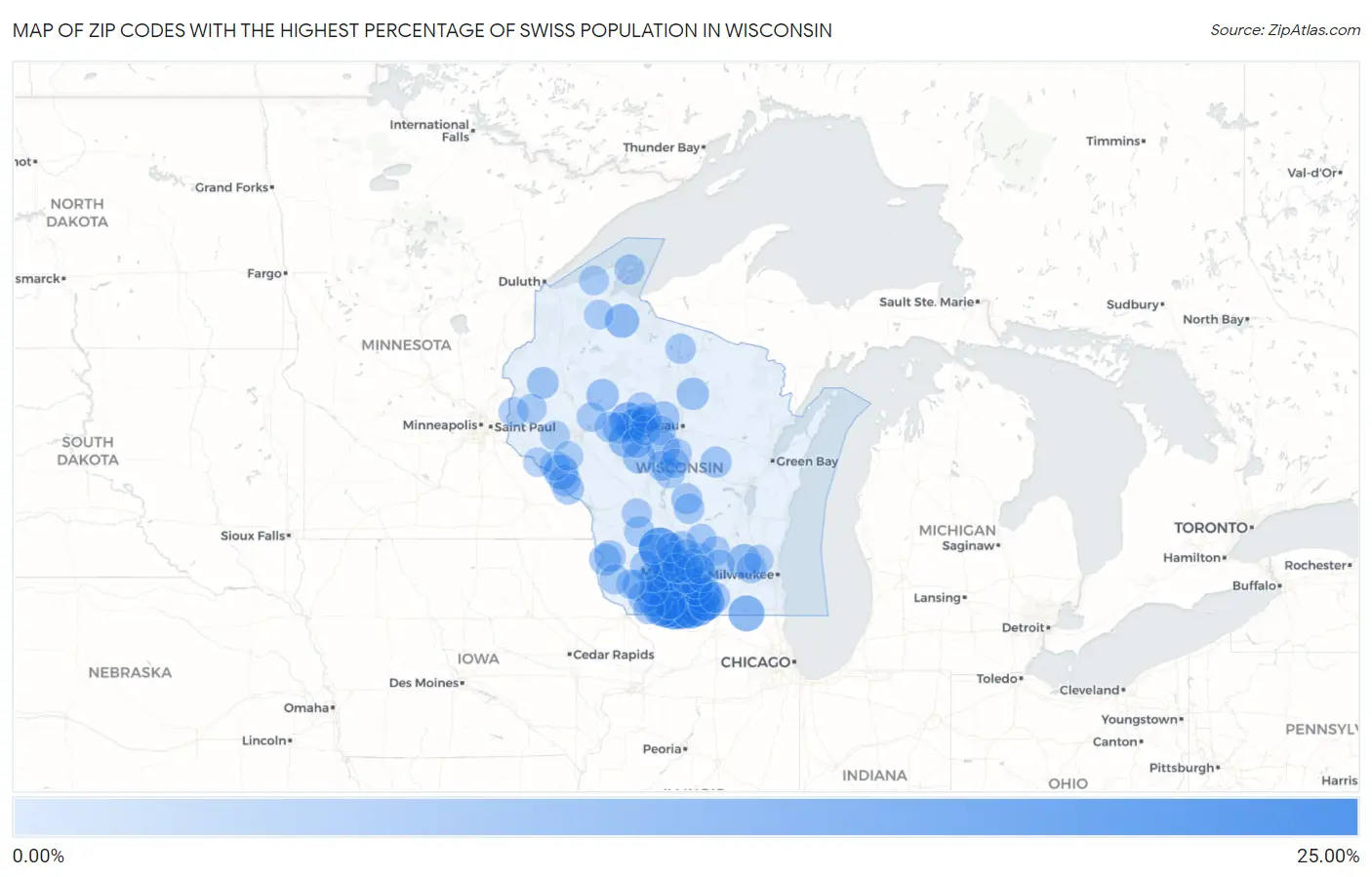 Zip Codes with the Highest Percentage of Swiss Population in Wisconsin Map