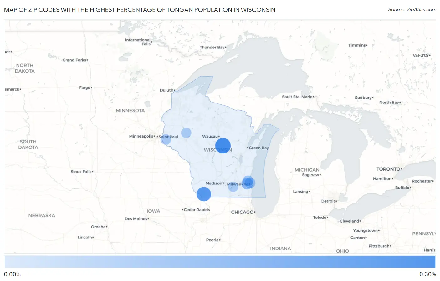 Zip Codes with the Highest Percentage of Tongan Population in Wisconsin Map