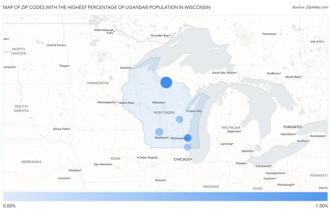 Zip Codes with the Highest Percentage of Ugandan Population in Wisconsin Map