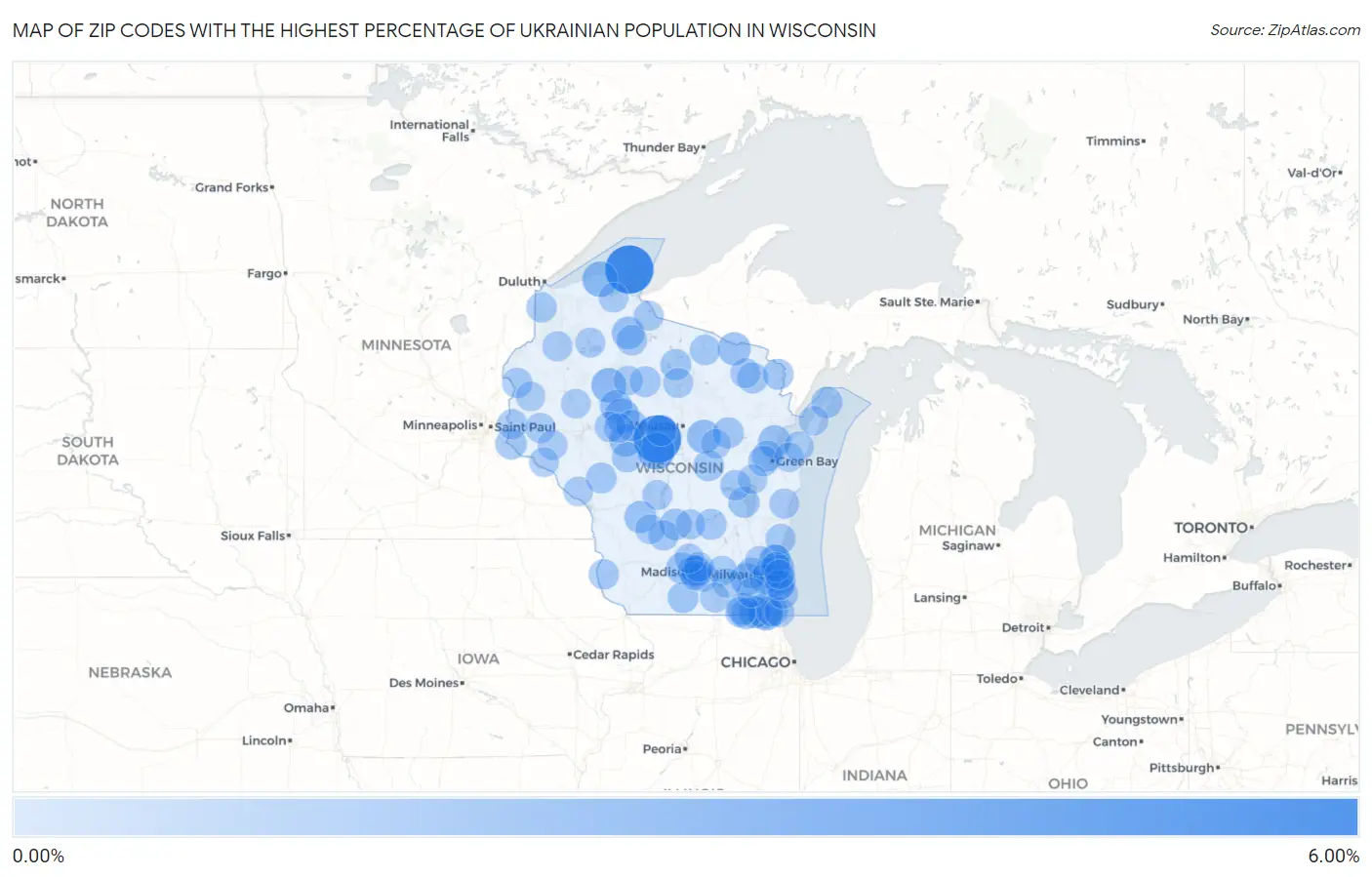 Zip Codes with the Highest Percentage of Ukrainian Population in Wisconsin Map