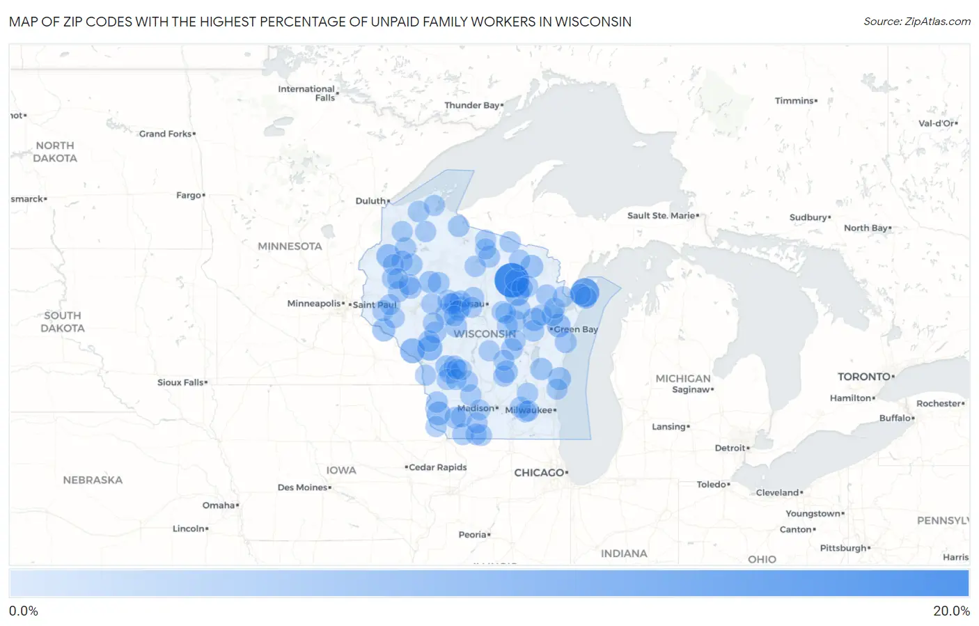 Zip Codes with the Highest Percentage of Unpaid Family Workers in Wisconsin Map