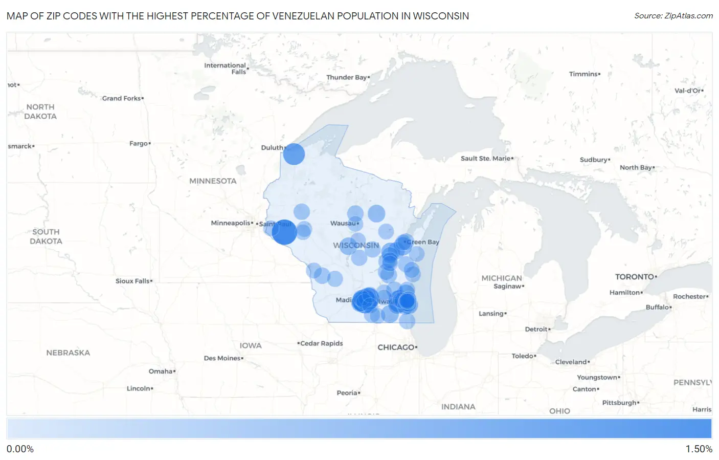 Zip Codes with the Highest Percentage of Venezuelan Population in Wisconsin Map