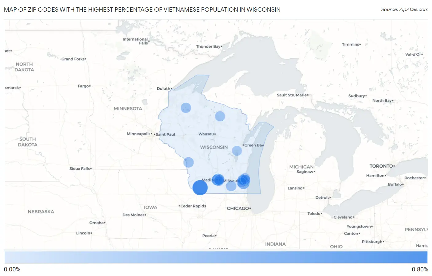 Zip Codes with the Highest Percentage of Vietnamese Population in Wisconsin Map