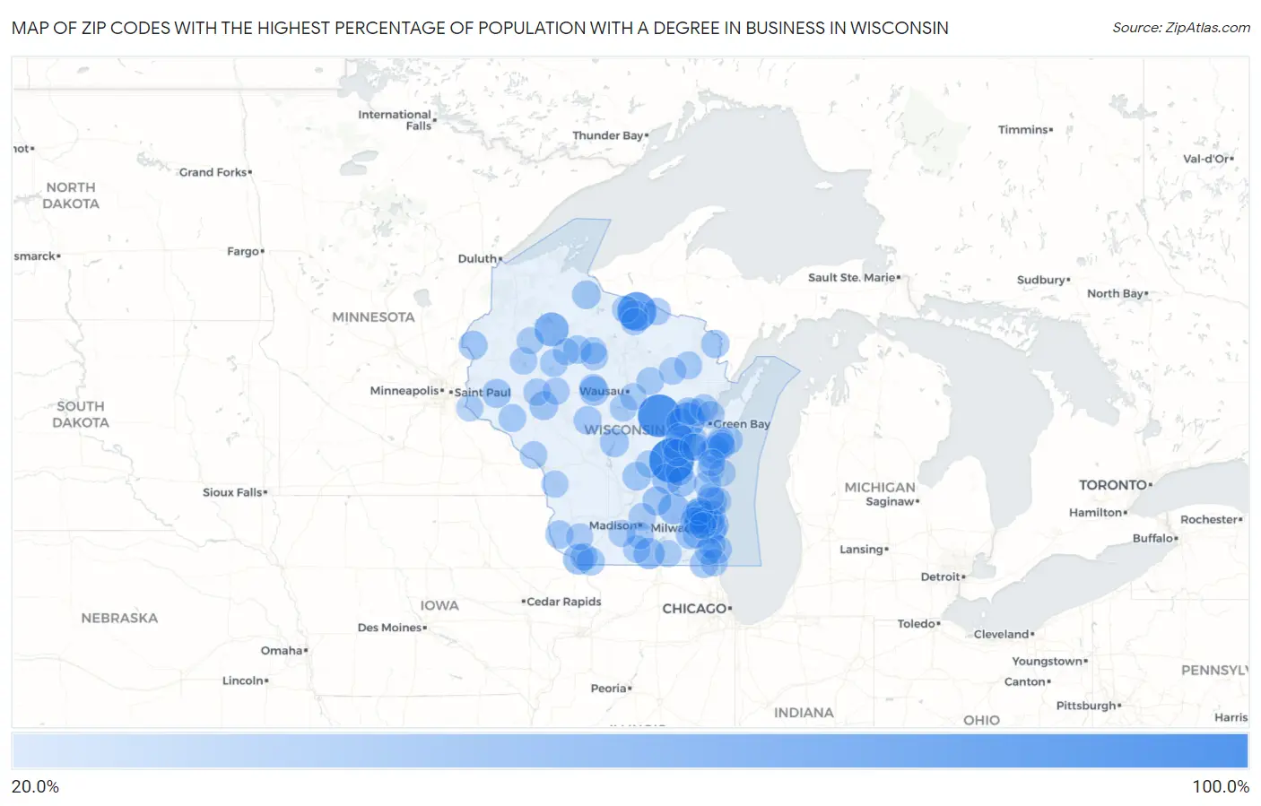 Zip Codes with the Highest Percentage of Population with a Degree in Business in Wisconsin Map