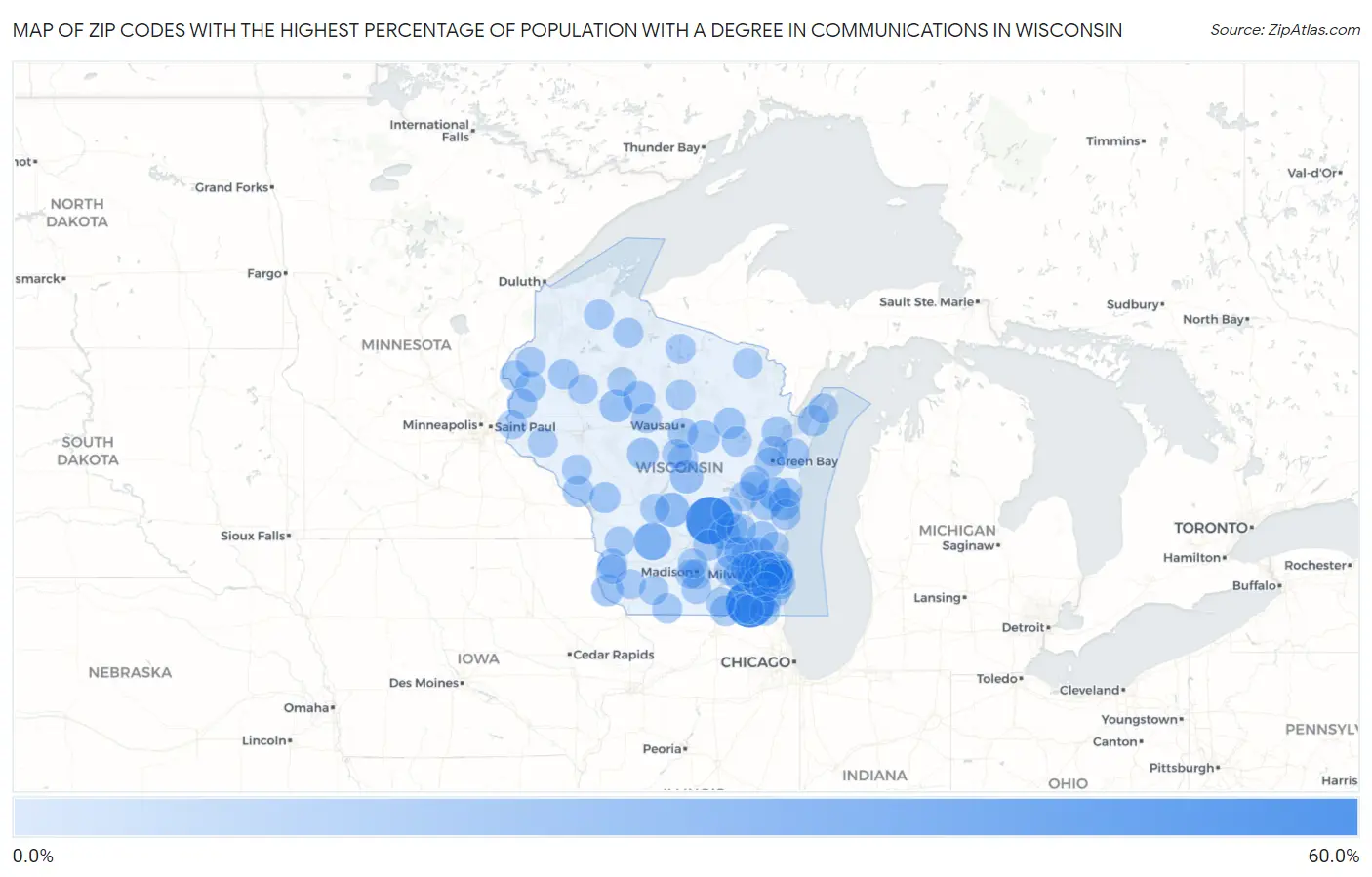 Zip Codes with the Highest Percentage of Population with a Degree in Communications in Wisconsin Map