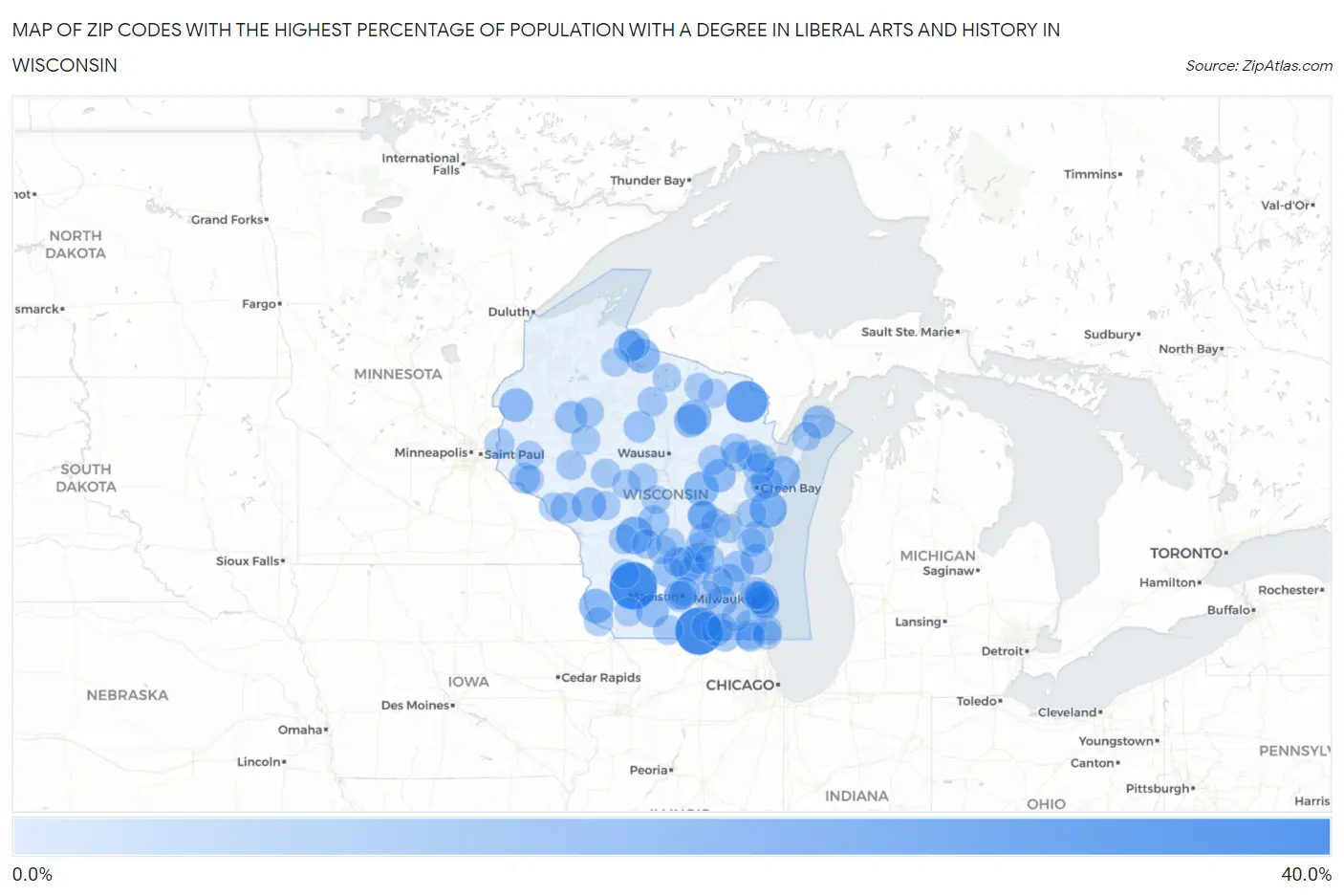 Zip Codes with the Highest Percentage of Population with a Degree in Liberal Arts and History in Wisconsin Map
