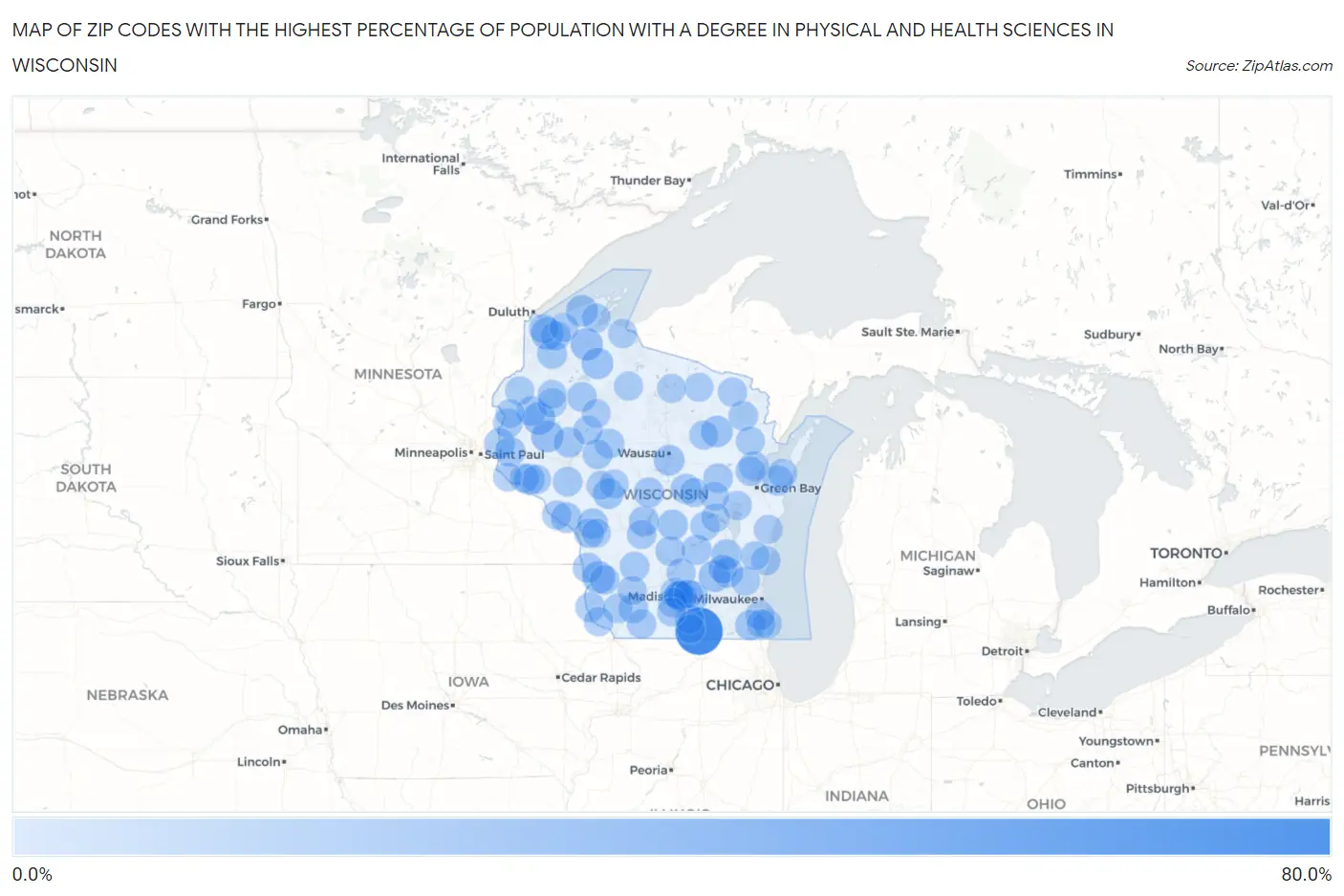 Zip Codes with the Highest Percentage of Population with a Degree in Physical and Health Sciences in Wisconsin Map