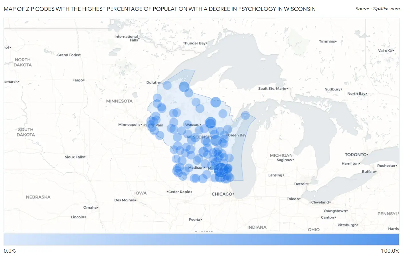 Zip Codes with the Highest Percentage of Population with a Degree in Psychology in Wisconsin Map