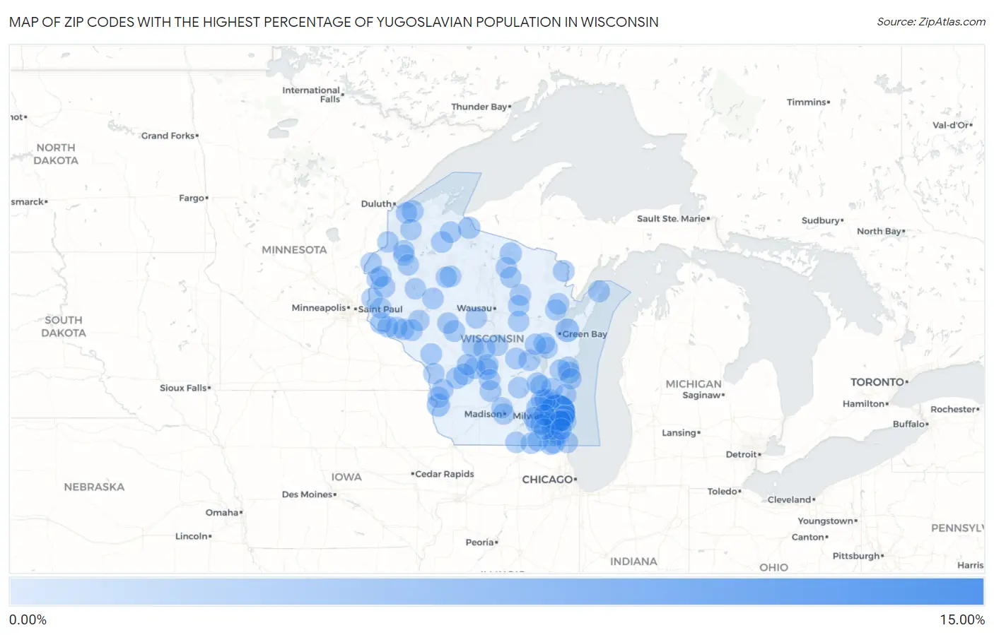 Zip Codes with the Highest Percentage of Yugoslavian Population in Wisconsin Map