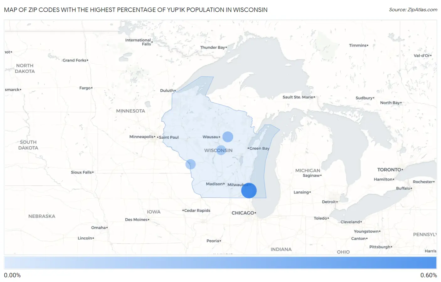 Zip Codes with the Highest Percentage of Yup'ik Population in Wisconsin Map