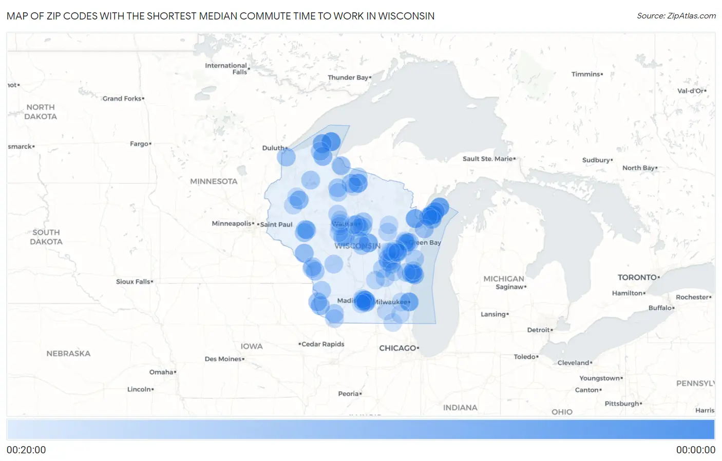 Zip Codes with the Shortest Median Commute Time to Work in Wisconsin Map
